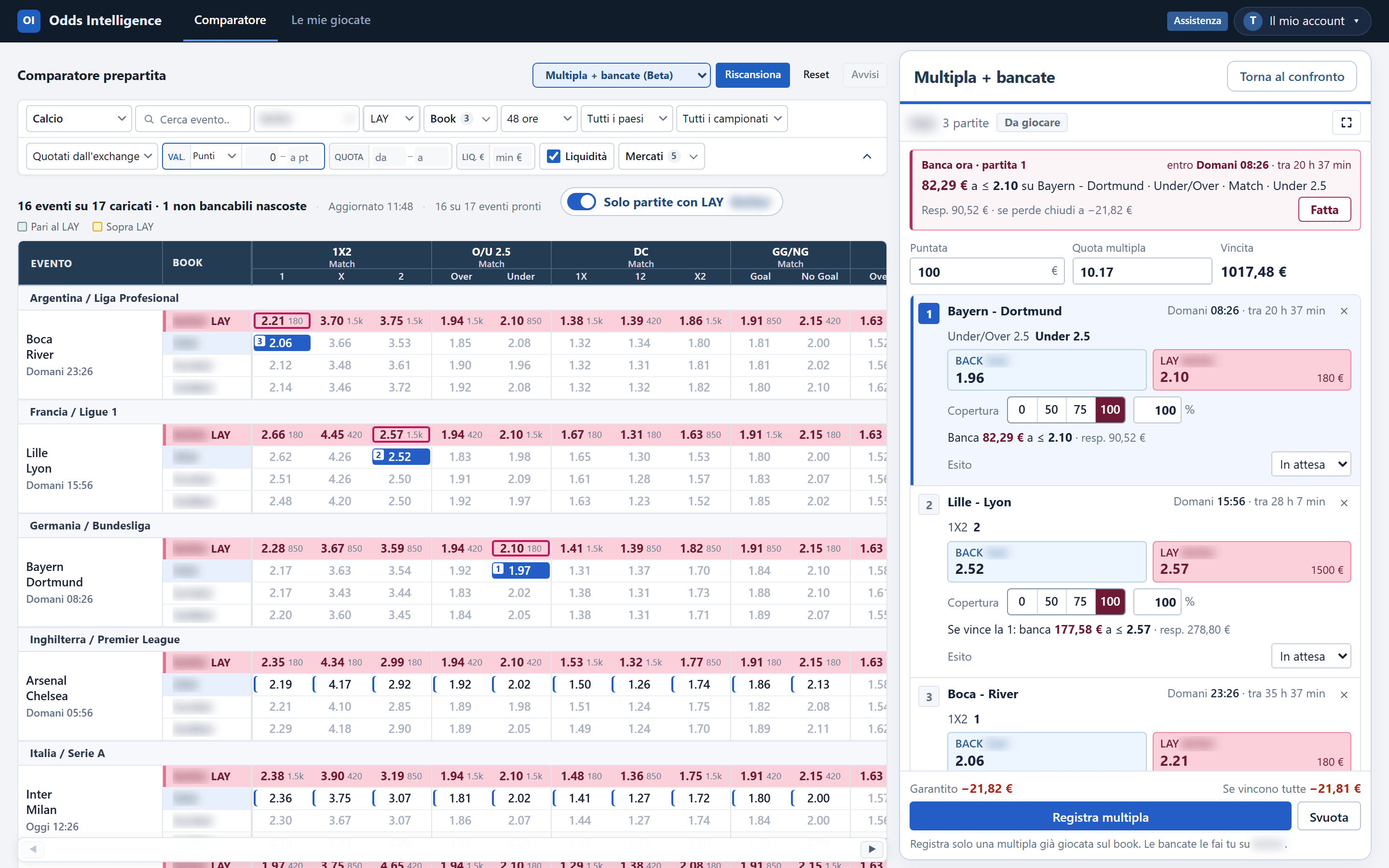 Multipla + bancate panel with the legs of an accumulator, coverage per leg and scenarios. Bookmaker names blurred.